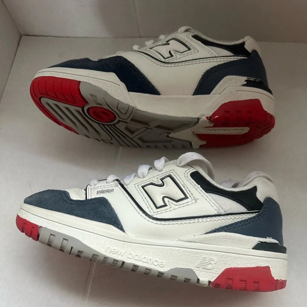 New Balance 550 Kids' Sneakers in White, Black, and Red size 12